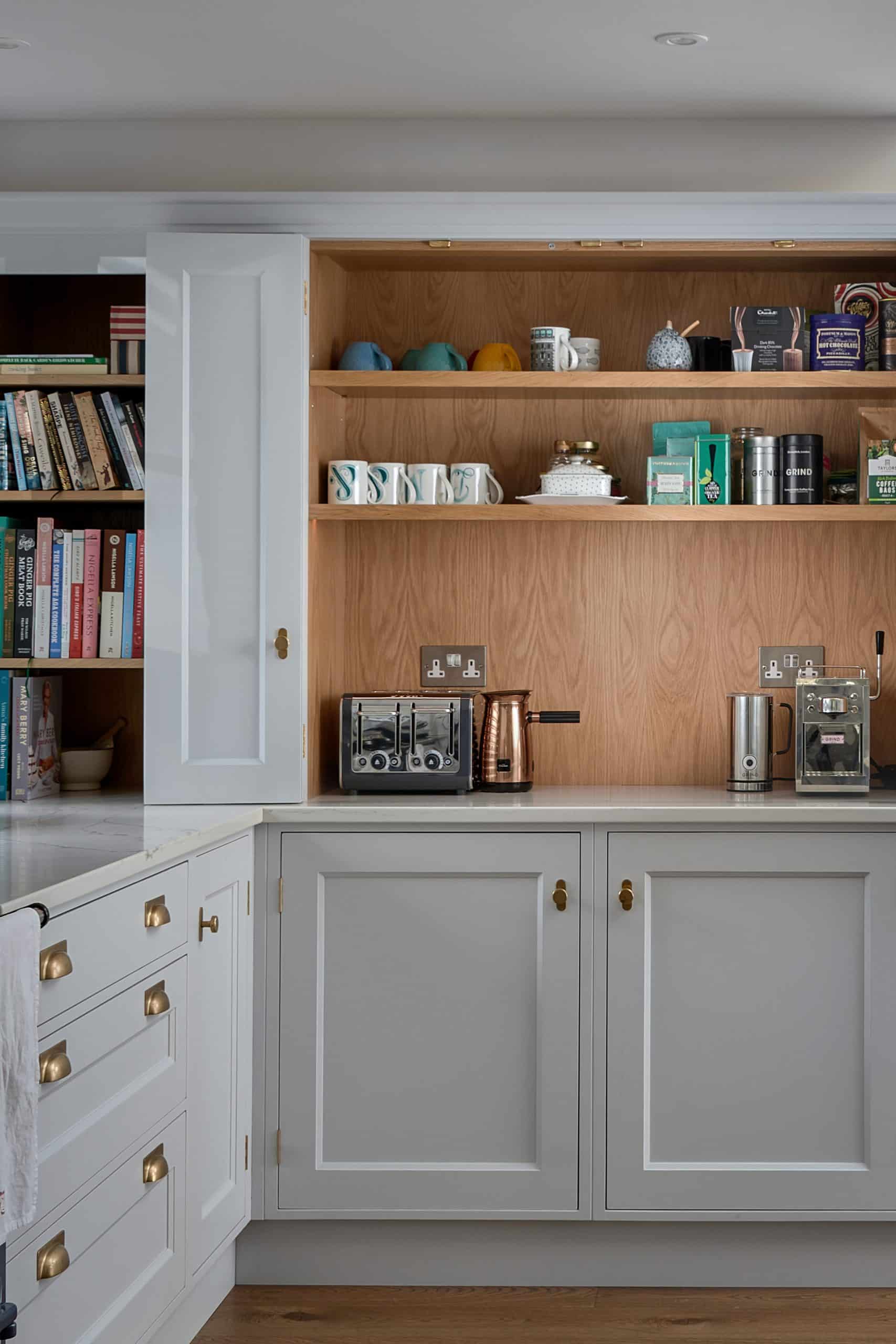 Grey handpainted shaker cabinets with coffee nook and coffee machine.